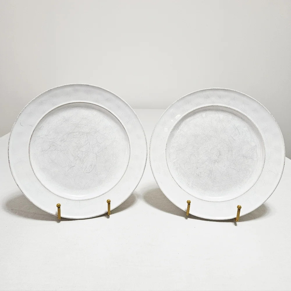 Pottery Barn Cambria Stone (2) Dinner Plates Handcrafted Rustic Trim White 10.7